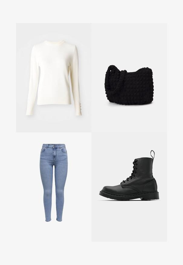 Balts garās piedurknes adīts džemperis ar apaļu kakla izgriezumu, ribotām piedurknēm ar trim zeltītām pogām un mīkstu tekstūru.; Šauri džinsi gaismas zilā denima ar augstu jostasvietu, piecu kabatu dizainu, priekšējo pogu aizdari un viegli izbalējušiem akcentiem.; Melnas ādas kaujas zābaki ar apaļu purngalu, auklām priekšā un cilpu potītes daļā. Iespējojums ir biezs gumijas zolei, kas nodrošina izturību.; Melnas auduma soma ar strukturētu, quiltotu rakstu. Apaļa forma, īsas, resnas rokturi un mīksta, elastīga konstrukcija.