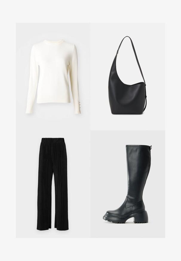 Fehér, hosszú ujjú kötött pulóver kerek nyakkivágással, bordázott mandzsettákkal, amelyek három arany gombot tartalmaznak, és puha tapintású.; Fekete pliszírozott nadrág gumis derekkal. Széles lábakkal rendelkezik, sima, texturált anyagból készült, függőleges csíkokkal.; Magas fekete bőrcipő, vastag platform talppal és blokk sarokkal, húzófüllel és texturált profillal az outsole-on.; Fekete bőr hobo táska sima textúrával, ívelt formával és egyetlen állítható pánttal; széles nyílás található a tetején.