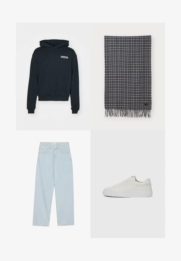 Legacies JUVENTUS TURIN ETHOS HOOD - Kluba apģērbs - black; Gaiši zilas platās kājas džinsi, kas izgatavoti no denima, ar vidēju jostas augstumu, piecām kabatām un pogas aizdari ar šauru metāla akcentu.; Baltas ādas zema profila sporta apavi ar noapaļotu purngali, platu baltu gumijas zoli un minimālistisku šuvju detaļu. Šņorēšana droši piestiprināta caur sešiem acs caurumiem.; Auduma vilnas šalle tumši zila un krēmkrāsa piparu rakstā, ar frizieru malām un nelielu melnu etiķeti. Mīksts audums ar taisnstūra formu.