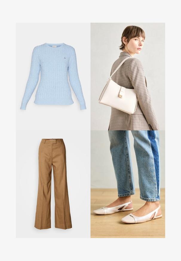 GANT CABLE C NECK - Strikkegenser - dove blue; Brune vide benbukser laget av lett materiale. Har flat front, beltehemper og en skreddersydd silhuett med ankel-lengde.; Lys rosa slingback leiligheter med spiss tå, laget av et glatt, læraktig materiale. Har utskjæringer på sidene og lav hæl.; Hvit lær veske med en strukturert design, med magnetlås og skulderstropp, vist mot en nøytral bakgrunn.
