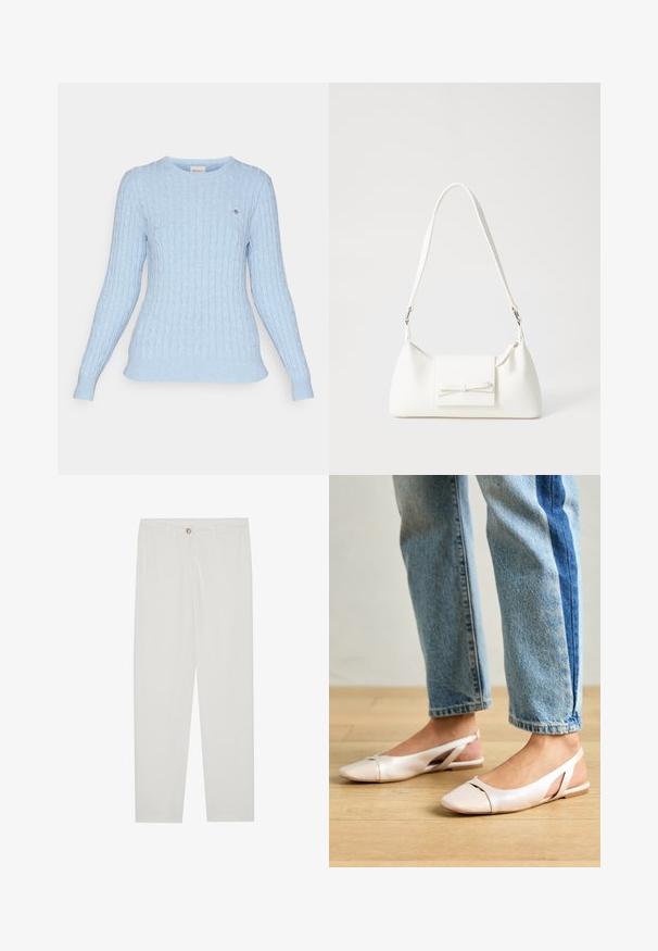 GANT STRETCH C NECK - Maglione - dove blue; Pantaloni bianchi su misura con design a gamba dritta, dotati di chiusura a bottone, passanti per cintura e tasche laterali; tessuto morbido.; Ballerine slingback rosa pallido con punta affusolata, realizzate in un materiale simile alla pelle liscio. Presentano dettagli a taglio sui lati e un tacco piatto.; Borsa sintetica bianca a forma triangolare, con patta anteriore piatta e dettaglio a fiocco, tracolla regolabile, texture liscia e design minimalista.