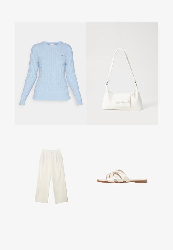 GANT CABLE C NECK - Stickad tröja - dove blue; Breda byxor i krämfärgad tyg med en mjuk yta, med en enda knapp fram, subtila veck och en hög midja design.; Platta sandaler med en brun gummisula, designade med tre överlappande vita läderspännen och en liten rosett i mitten.; Vit syntetisk handväska med triangulär form, platt framklaff och rosettdetalj, justerbar rem, slät textur och minimalistisk design.