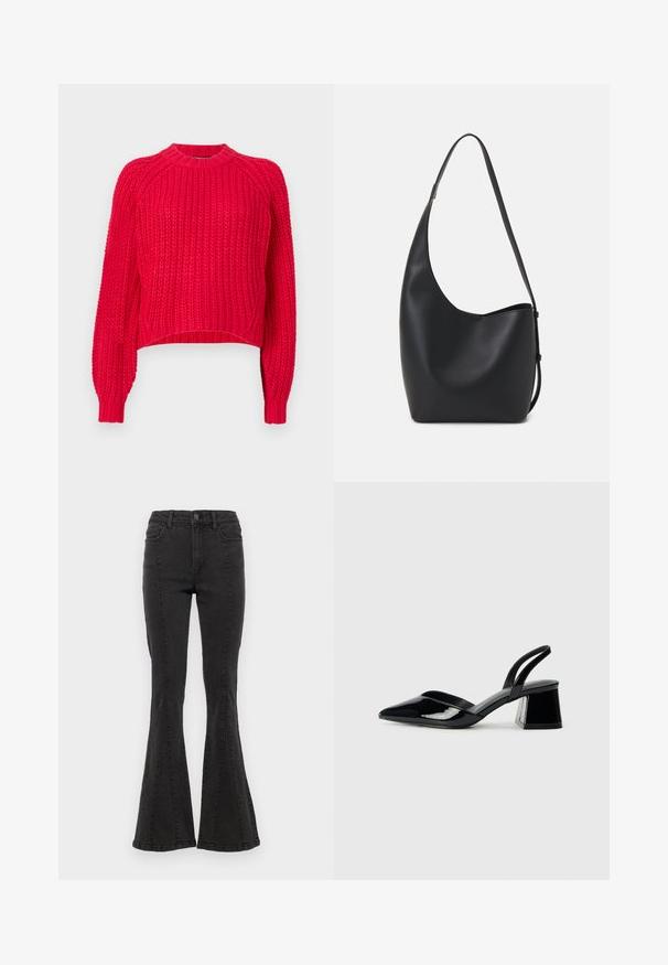 O suéter de malha vermelha apresenta um clássico decote redondo, mangas raglan longas, punhos canelados e uma textura em toda a peça.; Calças de ganga flared pretas com cintura alta, apresentando costuras laterais e um acabamento limpo na bainha. O tecido tem uma textura suave com ligeira elasticidade.; Sandy em verniz preto com salto slingback, ponta afilada e salto geométrico. Apresenta um design elegante e minimalista com textura suave.; Saco hobo preto em pele com uma textura lisa, forma curva e uma única alça ajustável; apresenta uma abertura larga na parte de cima.