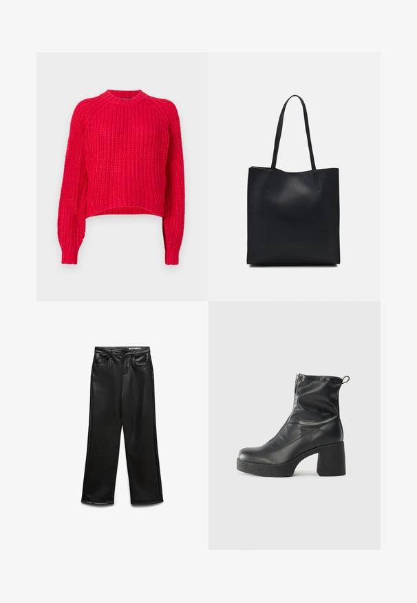 O suéter de malha vermelha apresenta um clássico decote redondo, mangas raglan longas, punhos canelados e uma textura em toda a peça.; Calças largas de imitação de couro preto com bolsos frontais, passantes para cinto e brilho subtil. Textura suave e ajuste personalizado.; Botas de tornozelo pretas feitas de couro liso, com fecho lateral, salto grosso texturizado e design de bico arredondado.; Bolsa tote preta em couro com textura lisa, forma retangular e duas alças longas. Sem hardware ou enfeites visíveis.