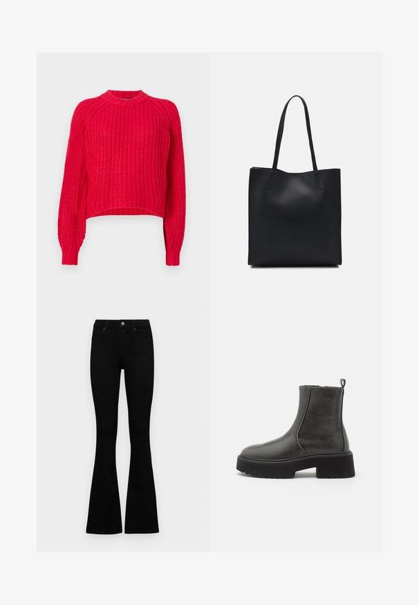 O suéter de malha vermelha apresenta um clássico decote redondo, mangas raglan longas, punhos canelados e uma textura em toda a peça.; Jeans pretos de cintura alta com fecho de botão e zíper, bolsos frontais e pernas largas dispostos em cima de um fundo branco.; Botas de tornozelo pretas com um cabedal sintético liso, painéis laterais elásticos, uma alça de puxar e uma sola de borracha grossa.; Bolsa tote preta em couro com textura lisa, forma retangular e duas alças longas. Sem hardware ou enfeites visíveis.