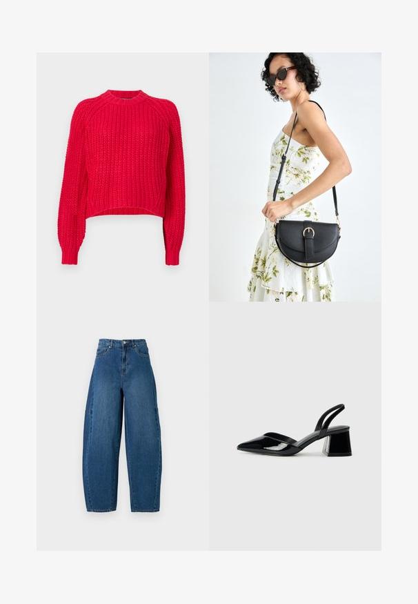 O suéter de malha vermelha apresenta um clássico decote redondo, mangas raglan longas, punhos canelados e uma textura em toda a peça.; Denim jeans em um tom de azul médio, apresentando uma cintura alta, corte largo e design padrão de cinco bolsos com detalhes de costura visíveis.; Sandy em verniz preto com salto slingback, ponta afilada e salto geométrico. Apresenta um design elegante e minimalista com textura suave.; Bolsa de couro preta com forma curva, alça destacável e detalhes em dourado. A bolsa possui uma aba com detalhe de fivela.