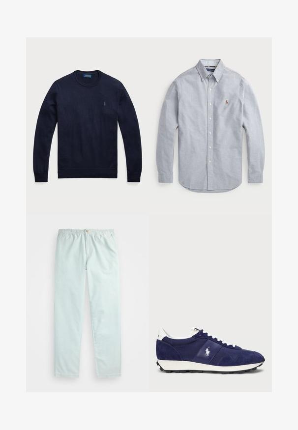 Jūras zila džemperis ar apaļu kakla izgriezumu, izgatavots no adīta auduma, ar ribu aprocēm un apakšmalu, un uz kreisā krūts ir neliels izšūts logo.; Gaiši zils, garas piedurknes pogājamais krekls, izgatavots no auduma ar austu struktūru. Tam ir norādīta apkakle, krūšu logotips un balti pogas.; Gaiši zili, brīvi pieguļoši bikses ar elastīgu jostasvietu, ar sānu kabatām un vienu pogu aizdare priekšā.; Jūras zila apavi, kas izgatavoti no samta un auduma, ar baltām auklām, gumijas zoli un mazu logo uz sāniem.