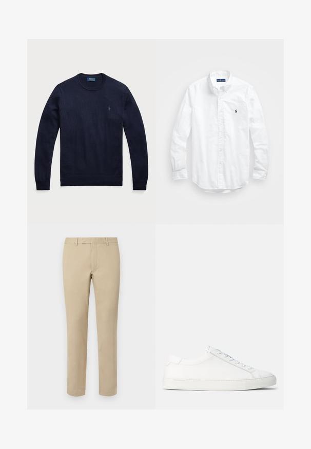 Marinblå tröja med rundad hals i stickad tyg som har ribbade muddar och nederkant, med en liten broderad logotyp på vänster bröst.; Vit långärmad skjorta i bomull med knappar. Har en klassisk krage, knappmanchetter och en liten broderad logotyp i marinblått på bröstet.; Beige bomullsbukser med rak skärning, utrustade med bälteshällor, flat framsida och skräddarsydda fållar. Slät textur och minimal detaljer.; Vita lädersneakers med en slät yta, rund form, platt gummisula och vita snören. Har en minimalistisk design och diskret varumärkning.