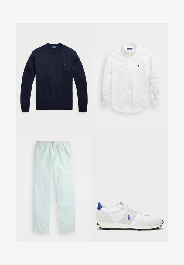 Mørkeblå genser med rund hals laget av strikket stoff, med ribbestrikkede mansjetter og nederkant, samt en liten brodert logo på venstre bryst.; Hvit skjorte med knapper laget av bomull. Har spiss krage, lange ermer og en liten marineblå logo på brystet. Glatt tekstur.; Lyseblå, avslappede bukser med elastisk linning, med sidelommer og en enkelt knappelukking foran.; Hvit trening sneaker med grå semsket skinn-accents, mesh-overdel, blå hælflik og svart gummi såle. Har snøring og logo.