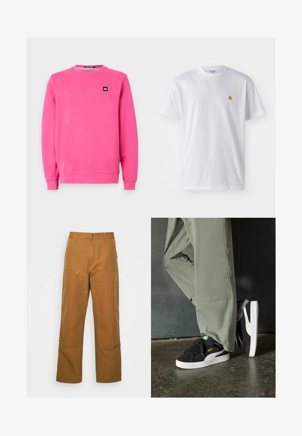 Růžová mikina vyrobená z měkké látky, s kulatým výstřihem, dlouhými rukávy, žebrovanými manžetami a malou černou nášivkou na přední straně.; Bílé bavlněné tričko s krátkým rukávem a kulatým výstřihem, s malým zlatým logem na levé straně hrudi. Měkká textura a klasický střih.; Hnědé bavlněné pracovní kalhoty s rovnými nohavicemi, které mají přední kapsy a kovové detaily pro zvýšenou odolnost.; Černé semišové tenisky s bílými gumovými podrážkami a bočními pruhy, spárované se světle zelenými cargo kalhotami, stojící na texturovaném tmavém povrchu.
