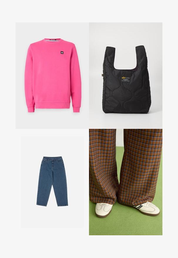 Roza dukserica iz mehkega materiala, s krožnim izrezom, dolgimi rokavi, rebrastimi manšetami in majhnim črnim logotipom na sprednji strani.; Modre traperke z ohlapnim krojem, visokim pasom, petimi žepi in poudarjenim šivanjem. Imajo gumb in zadrgo za zapiranje.; Rjave in modre kariraste hlače širokih nogavic, v kombinaciji z belimi čevlji, ki imajo črne poudarke in teksturirane podplate, na zeleni podlagi.; Črna prešita torba z veliko odprtino, ukrivljenimi oblikami na površini in oznako z rumenim in belim besedilom spredaj.