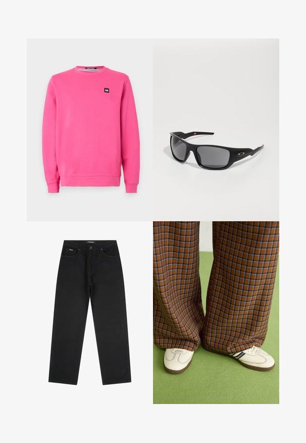 Felpa rosa realizzata in morbido tessuto, caratterizzata da un colletto a girocollo, maniche lunghe, polsini a costine e una piccola etichetta nera sul davanti.; Jeans neri a gamba dritta con bottone e zip anteriori, passanti per cintura e design a cinque tasche, posti flat su uno sfondo bianco.; Pantaloni a pieghe larghi a quadri marroni e blu abbinati a scarpe bianche con dettagli neri e suole testurizzate, posizionati su uno sfondo verde.; Occhiali da sole neri con forma rettangolare, realizzati in plastica resistente, con lenti grigio scure e un accento dorato sul lato.