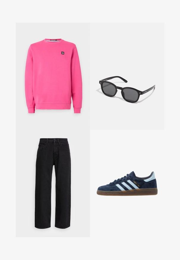 Ružová mikina vyrobená z mäkkého materiálu, s okrúhlym výstrihom, dlhými rukávmi, rebrovanými manžetami a malou čiernou logom nášivkou na prednej strane.; Čierne džínsové nohavice s širokými nohavicami a vysokým pásom, obsahujúce päť vreciek a zapínanie na gombík. Tkanina má hladkú textúru a jemný elastický úsek.; Námornícky modré semišové tenisky Adidas s svetlomodrými pruhmi, gumenou podrážkou, svetlomodrou pätou a zlatým označením "Spezial" po boku.; Čierne oválne slnečné okuliare s tmavými sklami, hrubými rámami a striebornými bodovými detailmi na stranách. Hladký plastový materiál, moderný dizajn.