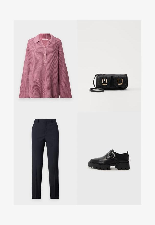 Knitted sweater in soft pink, featuring a collared neck, button front closure, and wide sleeves with a textured stitch pattern.; Navy tailored trousers with a straight cut, featuring a smooth texture, two front pockets, and a clean waistband.; Black leather shoes with a chunky, ribbed sole, featuring a circular silver hardware accent and minimal stitching detail.; Black leather crossbody bag with two front pockets, gold buckles, zipper closure, and a slim strap. Textured surface and compact rectangular shape.
