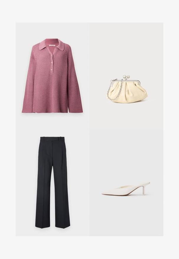 Pletený svetr v jemně růžové barvě, s límcem, zapínáním na knoflíky a širokými rukávy s texturovaným vzorem.; Tmavě modré kalhoty s pruhy, vysokým pasem, širokým nohavicemi a bez viditelného kování nebo ozdob. Hladká textura a přesně padnoucí střih.; Bílé muly s špičatou špičkou a nízkým jehlovým podpatkem. Vyrobené z hladkého materiálu s minimalistickým designem a jemným detailním pro tanovou podrážku.; Plisovaná béžová kožená kabelka na psaní s rámem ze stříbrného kovu, vybavená dvěma kulatými dekorativními uzávěry a stříbrným řetízkem.