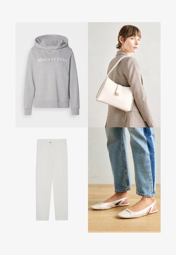 Grå sweatshirt med huva, med en vit "Marc O’Polo"-tryck. Tillverkad av mjukt material med ribbade ärmslut och nederkant. Enkel, avslappnad design.; Vita, skräddarsydda byxor med rak benform, med knappstängning, bältesslingor och sidofickor; mjuk tygtextur.; Ljust rosa slingback-lägenheter med spetsig tå, tillverkade av ett slätt läderliknande material. Har utskurna detaljer på sidorna och en platt häl.; Vit läderhandväska med en strukturerad design, med en magnetknäppning och en axelrem, visad mot en neutral bakgrund.