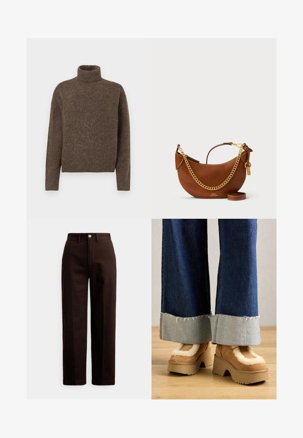 Rudas golfas su aukštu kaklu, pagamintas iš tekstūrinio kojinytės audinio. Sukurtas laisvam prigludimui, turi raukinį apatinėje dalyje ir rankovėse. Paprastas dizainas, be raštų ar dekoracijų.; Tamsiai rudos tiesios kelnės su sagos ir užtrauktuko užsegimu, diržo kilpomis ir priekinių kišenių detale ant balto fono.; Rudos suedinės platformos batai su kreminiu pūkų pamušalu, derinami su plačiomis džinsinėmis kelnėmis, turinčiomis nutrintas apykakles ir šviesesnį džinsinį atvartą.; Ruda odinė rankinė su kreiviu dizainu, auksinės grandinėlės dirželiu, vidiniu kišeniu ir nuimamu peties dirželiu. Yra kontrastingų siūlių.