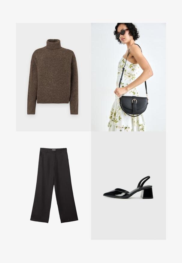 Brązowy sweter typu golf wyk wykonany z tkanej tkaniny. Charakteryzuje się luźnym krojem oraz ściągaczem u dołu i na mankietach. Prosty design, bez wzorów czy ozdób.; Czarne spodnie z szerokimi nogawkami, wykonane z gładkiego materiału, z przednim zamkiem błyskawicznym i dwoma bocznymi kieszeniami, o dopasowanym kroju i minimalistycznym wzornictwie.; Czarne lakierowane półbuty na obcasie z wydłużonym noskiem i geometrycznym słupkiem. Charakteryzują się eleganckim, minimalistycznym designem oraz gładką fakturą.; Czarna skórzana torebka o zakrzywionym kształcie, z odpinanym paskiem i złotymi akcentami. Torebka posiada klapę z zapięciem w kształcie klamry.