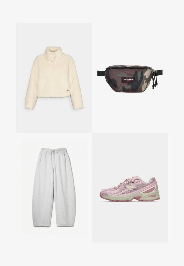 Veste en fausse fourrure raccourcie couleur blanc cassé avec un col haut, fermeture à boutons et texture subtile. Comprend un accent logo sur l'ourlet.; Pantalons de survêtement gris clair avec une coupe décontractée, taille élastique, cordelette de serrage et poches latérales ; fabriqués à partir d'un tissu doux et texturé.; Baskets New Balance 740 rose et beige avec tige en mesh et synthétique, fermeture à lacets et semelle rembourrée, présentées en profil latéral.; Sac banane camouflage en tissu résistant, doté d'une fermeture éclair, d'une sangle ajustable et d'un logo Eastpak rouge sur le devant.