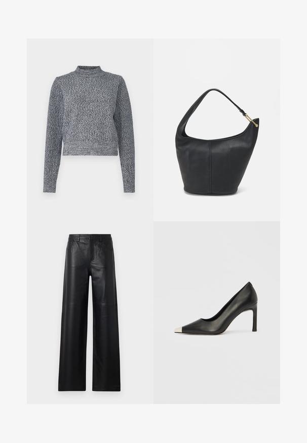 Navy and white knitted sweater with a high neckline, long sleeves, and a cropped fit; features a textured, speckled design.; Wide-leg black leather pants with a smooth texture, featuring front pockets, a button closure, and subtle stitching details.; Black leather high heel shoe with a pointed toe and a metallic silver cap. Features a smooth finish and a slender 10 cm heel.; Black leather handbag with a rounded shape, a wide strap, and a textured finish. Features a subtle seam detail and a gold-tone hardware accent.
