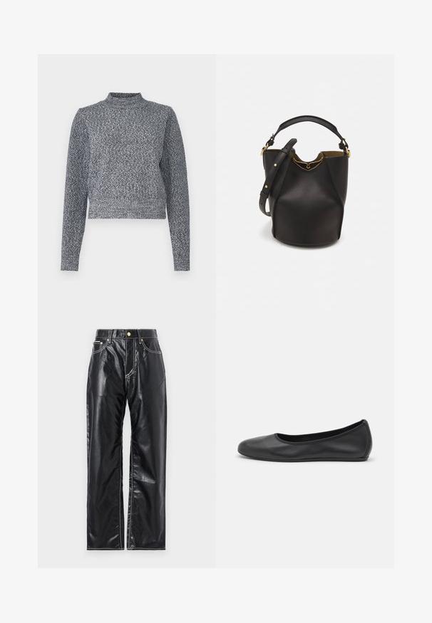Námořnický a bílý pletený svetr s vysokým límcem, dlouhými rukávy a krátkým střihem; má texturovaný, tečkovaný design.; Čierne nohavice z faux kože so širokým strihom, s bielym prešívaním, prednými vreckami a zlatým gombíkom na páse.; Čierne kožené baleríny s okrúhlou špičkou, hladkým povrchom, minimálnym prešívaním a flexibilným dizajnom podrážky.; Čierna kožená vedro taška s textúrovaným povrchom, zlatými kovovými detailami a otvoreným vrcholom. Obsahuje krátku rukoväť a nastaviteľný ramenný popruh.