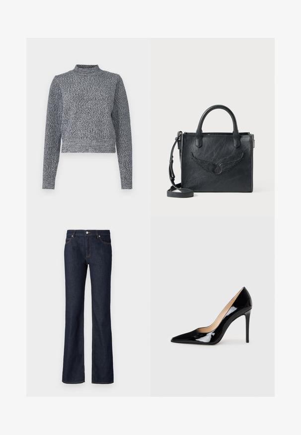 Marineblå och vit stickad tröja med hög hals, långa ärmar och kort passform; har en texturerad, fläckad design.; Mörkblå denimjeans med utsvängd passform, femfickorsdesign och kontrasterande orange sömmar längs sömmarna och fickorna.; Svart lackläder högklackad pumpsko med spetstoppdesign och en slank silhuett. Har en mjuk, glänsande finish och en smal stilettklack.; Svart läderhandväska med vinge-design accent. Har två rundade handtag och en avtagbar axelrem. Texturerad yta. Kompakt form.