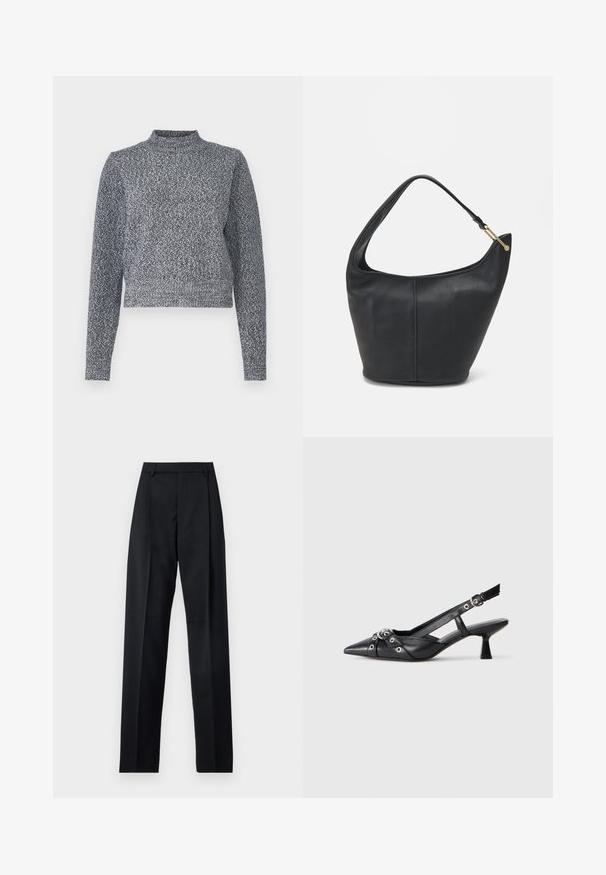 Jūras spēku zilo un balto adīto džemperi ar augstu kakla izgriezumu, garām piedurknēm un īsu siluetu; tas ir ar teksturētu, raibumu dizainu.; Melnas bikses, izgatavotas no gludas auduma, ar augstu vidukli, platiem bikšu galdniekiem, priekšējiem krokām un klasiskām jostu cilpām. Sānu kabatas nav redzamas.; Melnas ādas šlipsveida kurpes ar norādītu purngalu, dekoratīvām joslām ar metāla acīm un zemu bloku papēdi. Teksturēta virsma.; Melnas ādas rokassomi ar noapaļotu formu, platu siksnu un strukturētu apdari. Iezīmējas ar nelielām šuvju detaļām un zelta tonī izstrādātu aparatūru.