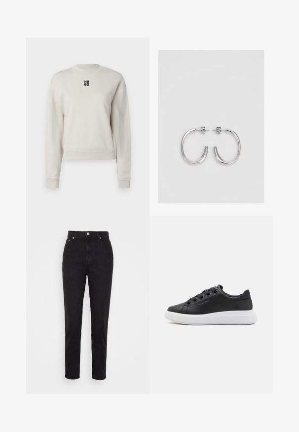 Krémová mikina s okrúhlym výstrihom, rebrovanými manžetami a spodným lemom; vpredu má centrálně umiestnené čierne logo "HUGO".; Čierne vysoké slim-fit džínsy so zapínaním na gombík vpredu, pútkami na opasok a dizajnom s piatimi vreckami na bielom pozadí.; Calvin Klein CUPSOLE LACE UP - Tenisky - black; Strieborné kruhové náušnice s hladkým a lesklým povrchom. Okrúhly tvar, ľahký dizajn, s uzáverom na kolík.