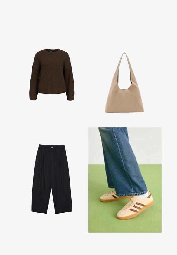 Hnedý pletený sveter s dlhými rukávmi, okrúhlym výstrihom a voľným strihom. Má jemnú textúru a rebrované manžety a lem.; Čierne polyesterové culotte nohavice s elastickým pásom, dvoma prednými záhybmi a voľným strihom. Žiadne viditeľné vzory ani detaily z kovu.; Béžové tenisky s textúrovanými krémovými panelmi a hnedými pruhmi, skombinované s modrými džínsami. Džínsy majú široké nohavice a roztrhnutý lem.; Bežová textilná taška s unikátnym trojuholníkovým tvarom, širokými ramennými popruhmi a viditeľnými detailmi švov pre zvýšenú štruktúru.