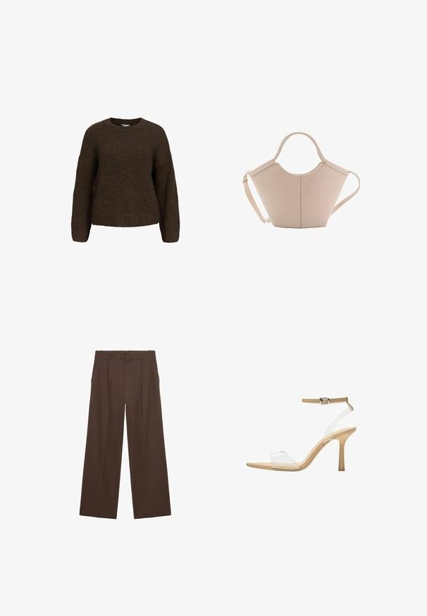 Brun, stickad tröja med långa ärmar, rund halsringning och avslappnad passform. Har en mjuk textur och ribbade ärmar och nederkant.; Bruna vida byxor tillverkade av ett mjukt tyg, med hög midja, framtida veck och två sidofickor.; Klart häl sandal med en transparent ovandel, beige fotbädd och en smal ankelrem. Har en spetsig tå och en tunn hög klack.; Beige läderhandväska med en unik form, med två korta handtag och ett långt justerbart axelband. Slät textur med minimal hårdvara.; Guldfärgad ring med en slät, vriden design. Har en polerad yta och rundade kanter, vilket skapar en sömlös, flytande form.