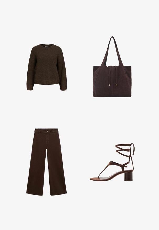 Smeđi pleteni pulover dugih rukava, s okruglim izrezom i opuštenim krojem. Ima mekanu teksturu te rebraste manžete i donji rub.; Smeđe široke hlače od pamuka, s raspucanim rubom, prednjim kopčanjem na dugme i klasičnim dizajnom s pet džepova. Minimalističke i svestrane.; Smeđe suède sandale s visokom petom s trokutastim remenom za prste, vezanjem oko gležnja i teksturiranom blok petom za stabilnost.; Mango Velika torba - dark brown