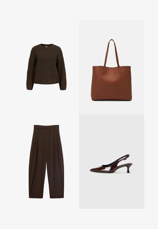 Pull en tricot marron à manches longues, col rond et coupe décontractée. Il présente une texture douce ainsi que des poignets et un ourlet côtelés.; Pantalons taille haute marron avec des plis, fabriqués en tissu lisse. Coupe ample, design droit, avec passants de ceinture et fermeture éclair.; Chaussure slingback en cuir verni marron avec un bout pointu et un talon modéré. Elle est dotée d'une sangle à boucle pour un ajustement sécuritaire. Texture lisse.; Sac fourre-tout en cuir marron avec une texture lisse, design à ouverture supérieure et deux poignées pour le porter à l'épaule. Présente des coutures minimales et aucun matériel visible.