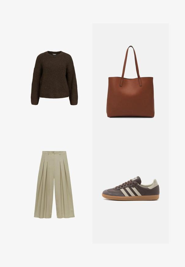 Bruine, gebreide trui met lange mouwen, een ronde hals en een losse pasvorm. Heeft een zachte textuur en geribde manchetten en zoom.; Mango Broek - light green; Bruine leren sneaker met drie lichtgekleurde strepen, rubberen gumzool, ronde neus en gestructureerde nubuck accenten op de hiel en neus.; Bruine leren tote bag met een gladde textuur, een ontwerp met een open bovenkant en twee schouderbanden. Kenmerkt zich door minimale stiksels en geen zichtbare hardware.