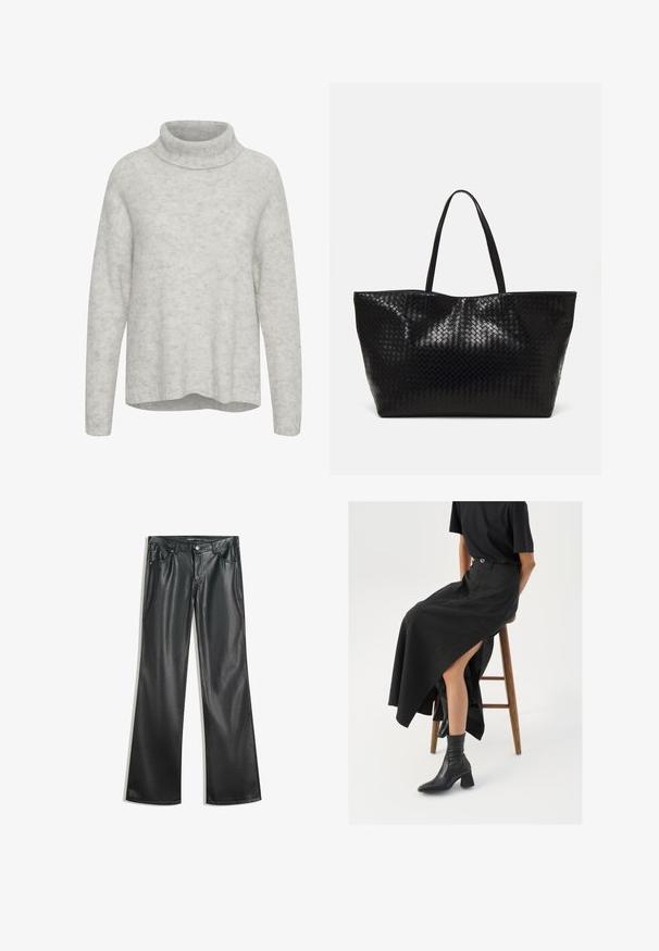 Világosszürke pulóver magas nyakkal, hosszú ujjakkal és laza szabással. Puha textúra, finom színárnyalatokkal a szövetben.; Fekete műbőr bővülő nadrág sima textúrával, öt zsebbel, elülső cipzárral és kontrasztos varrásokkal.; Fekete len maxi szoknya magas hasítékkal, fekete pólóval és fekete bokacsizmával viselve. Minimalista dizájn, laza illeszkedéssel.; Fekete szövött bevásárlótáska két strapabíró füllel, fényes felülettel és tágas, nyitott tetejű kialakítással.