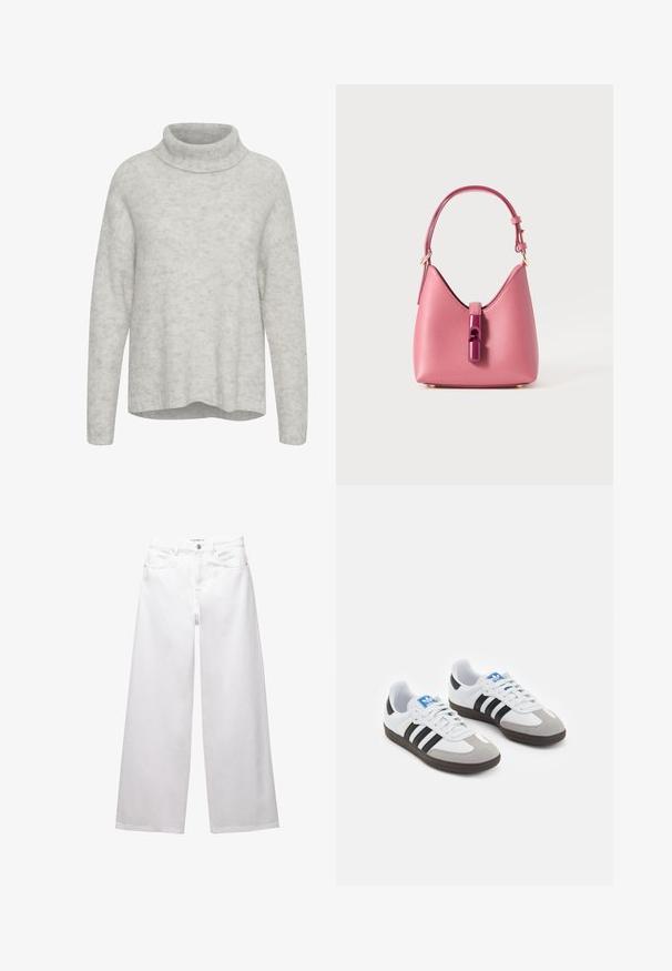 Világosszürke pulóver magas nyakkal, hosszú ujjakkal és laza szabással. Puha textúra, finom színárnyalatokkal a szövetben.; Fehér, bő szárú farmernadrág. Gombos záródással, elülső és hátsó zsebekkel, valamint steppelt varrásokkal rendelkezik. Simas textura, minimális díszítéssel.; Fehér bőr felsőrészes sportcipő, szürke velúrból készült orral és három fekete csíkkal. Jellemzője a kék logó a nyelvén és egy texturált gumitalp.; Rózsaszín bőrtáska strukturált formával, fényes csattal és egy állítható pánttal. Textúrált felület aranyszínű fémrészekkel.