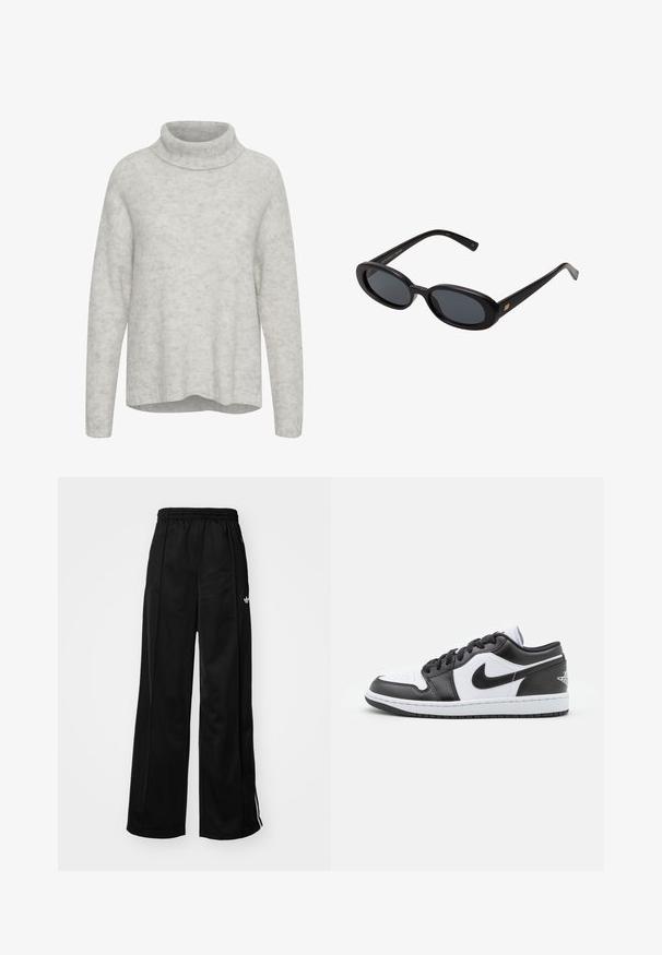 Svetlo sivi pulover s turtleneck ovratnikom, dolgimi rokavi in ohlapnim krojem. Mehek material z nežnimi variacijami barve skozi tkanino.; Črne široke trenirke z elastičnim pasom, ki imajo bele stranske črte in majhen logotip na levem boku. Gladka tekstura tkanine.; Črno-bele nizke Nike superge imajo gladek usnjen zgornji del, okroglo konico, vezalni sistem in vzorčasto gumijasto podplat.; Črne oversize sončne očala z ovalnimi lečami, gladkim plastičnim okvirjem in zlatenimi detajli na templjih. Temne leče zagotavljajo zaščito pred soncem.