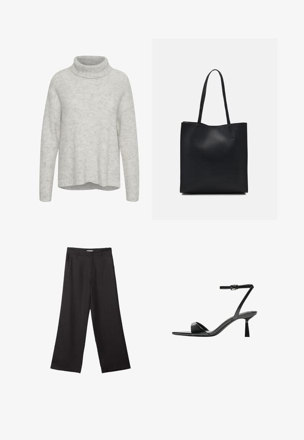 Světle šedý svetr s rolákem, dlouhými rukávy a volným střihem. Měkká textura s jemnými variacemi barev v celém materiálu.; Černé široké kalhoty vyrobené z hladké tkaniny, s předním zipem a dvěma bočními kapsami, s dobře padnoucím střihem a minimalistickým designem.; Bershka Sandály na vysokém podpatku - black; Černá kožená taška přes rameno s hladkým povrchem, obdélníkovým tvarem a dvěma dlouhými uchy. Žádné viditelné kování ani ozdoby.