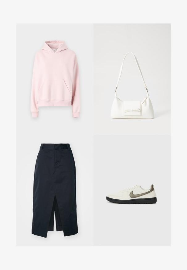 Felpa rosa chiaro realizzata in tessuto morbido. Presenta una tasca frontale, polsini a costine e un cappuccio con cordino. Design semplice e rilassato.; Gonna midi blu navy in tessuto misto cotone, con spacco anteriore, zip nascosta e tasche laterali per funzionalità.; Nike Sportswear FIELD GENERAL - Sneakers basse - off-white/black; Borsa sintetica bianca a forma triangolare, con patta anteriore piatta e dettaglio a fiocco, tracolla regolabile, texture liscia e design minimalista.