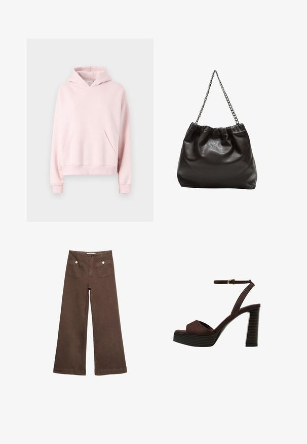 Svetlo roza kapucar iz mehkega materiala. Ima sprednji žep, rebraste manšete in kapuco s vrvico. Preprost, sproščen dizajn.; Svetlo rjave široke hlače iz bombaža, ki vključujejo dva sprednja žepa s srebrnimi gumbi in gladko teksturo.; Rjave semiš sandale z visoko peto, odprto spredaj, z nastavljivim gležnjenjem in črtastim podplatom.; Rjava usnjena torba z nabranim vrhom in verižnim trakom. Gladka tekstura z sijajno površino in subtilnimi šivi na straneh.