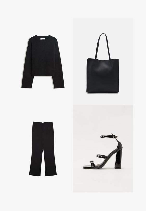Črna dolga pletena pulover z dolgimi rokavi, krojnim izrezom, rebrastimi manšetami in robom ter krajšo dolžino.; Črne hlače ravnega kroja z naglavnimi žepi in stranskimi razporki na robu. Narejene iz mehke, gladke tkanine. Primerne za različne priložnosti.; Črne lakirane sandale s peto, kvadratnim prstom, trakovi okrog gležnja in srebrnimi zaponkami. Opremljene so s stabilno Debelo peto.; Črna usnjena torba s svilnato teksturo, pravokotne oblike in dvema dolgima ročajema. Brez vidnih metalnih delov ali okrasnih elementov.