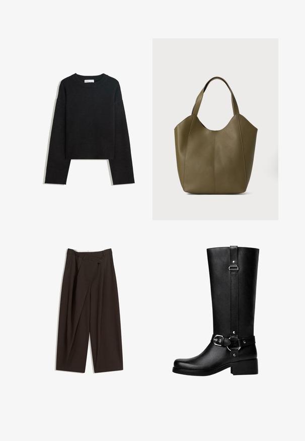 Fekete, hosszú ujjú kötött pulóver, kerek nyakkivágással, ribbölt mandzsettákkal és aljjal, valamint rövidített hosszal.; Sötétbarna, bő szárú nadrág magas derékkal, egyetlen gombos záródással és redős elülső résszel. Könnyű anyagból készült.; Magas fekete műbőr csizma lekerekített orral, kiemelkedő övcsattal és vastag sarokkal. Sima textura és függőleges varrás a szárán.; Olivazöld bőr kézitáska dupla pántokkal, sima textúrával és négy paneles kialakítással. Erősített varrás a varratok mentén a tartósság érdekében.