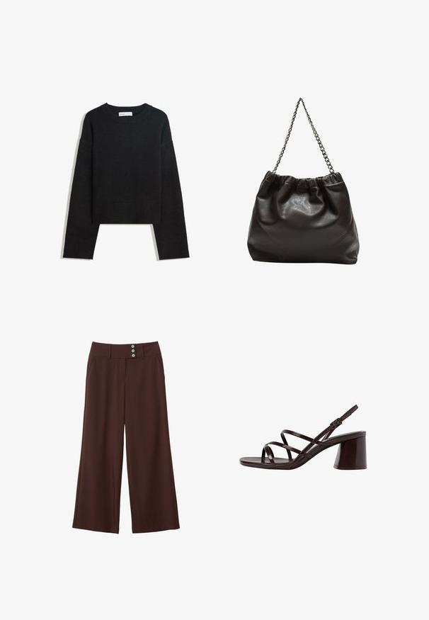 Černý pletený svetr s dlouhým rukávem, kulatým výstřihem, vroubkovanými manžetami a lemem, a zkrácenou délkou.; Hnědé kalhoty s širokými nohavicemi vyrobené z hladké látky, s dvěma bočními kapsami a pasem se třemi dekorativními knoflíky.; Hnědé sandály na vysokém podpatku s robustním podpatkem, s hladkým, lesklým povrchem a několika křížícími se pásky na svršku.; Hnědá kožená taška se sbíraným vrškem a řetízkovým popruhem. Hladký povrch s lesklým finišem a jemným švem na bocích.