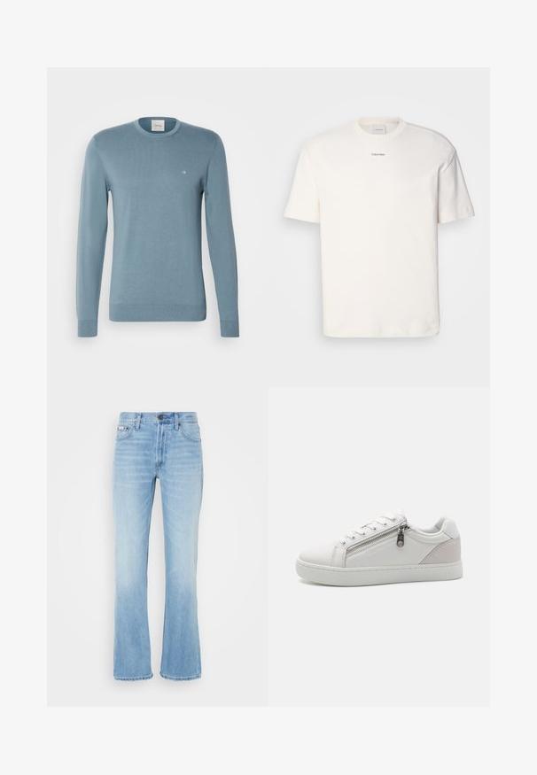 Svetle modrý svetr s kulatým výstřihem vyrobený z jemné pleteniny, s dlouhými rukávy a malým bílým logem na hrudi.; Bílá bavlněná tričko s kulatým výstřihem, krátkými rukávy a vyšitým logem "Calvin Klein" na prostředku hrudi. Jednoduchý design.; Světlé modré riflové zvonové džíny s opotřebovaným vzhledem, pěti kapsami, poutky na pásek a knoflíkovým zapínáním v pase.; Bílé tenisky vyrobené z hladké kožené materiálu, s kontrastním béžovým semišovým akcentem na patě a detailem zipu na boku.