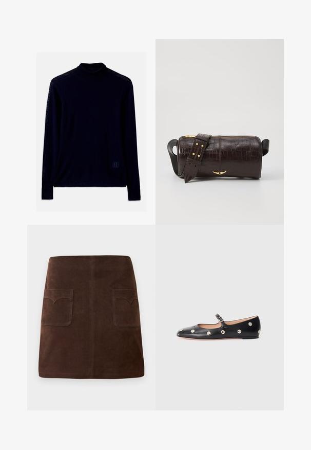 Tumesinine pika varrukaga kõrge kaelusega särg, mis on valmistatud pehmest kangast; omab kehaülest sobivat kaela ja väikest helesinist logo vasakus alumises nurgas.; Pruun seemisabal, millel on klassikaline A-linja kuju, kaks eesmist taskut ümarate klappidega ja peened tikandi detailid.; Must naar mustast valmistatud Mary Jane lamedad jalanõud, ümarate varvastega, hõbedaste ümmarguste nupukestega ja reguleeritava rihmaga, millel on klamber.; Pruunist krokodillimustrist nahast kott, millel on silindri kuju, kuldse tooni metalldetailid ja eemaldatav rihm, kus on nupud.