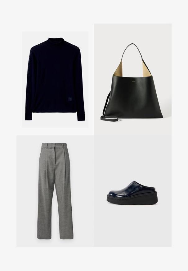 Jūras zila garas piedurknes turtlenecks krekls, kas izgatavots no mīkstas auduma; tam ir pieguloša kakla izgriezums un neliels gaismas zils logo kreisajā apakšējā pusē.; Augsti jostas pelēki bikses ar mazu pārbaudītu rakstu, priekšējām krokām, jostas cilpiņām un taisnām kājām uz balta fona.; Tumši zila lakota āda ar gludu apdari, piedāvā biezus melnus platformas sole ar redzamām šuvēm apakšā.; Melnas ādas toņu soma ar plašu, stūrveida dizainu. Iekšpusē kontrastējoša brūna krāsa un plāns plecu siksna. Minimālistiska zīmola identitāte.