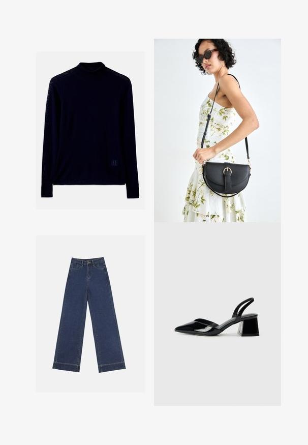 Mornarska dolga majica s turtleneck ovratnikom, izdelana iz mehkega materiala; ima prilegajoč ovratnik in majhen logo svetlo modre barve na spodnjem levem delu spredaj.; Široke traperice u tamnoplavom denimu. Imaju pet džepova, petlje za pojas i siroki rub na dnu s vidljivim detaljima šavova.; Crne lakirane kožne sandale s otvorenom petom i špicastim vrhom, s geometrijskom blok petom. Imaju elegantan, minimalistički dizajn i glatku teksturu.; Crna kožna torba s lukovitim oblikom, odvojivim remenom i zlatnim detaljima. Torba ima preklop s kopčom.