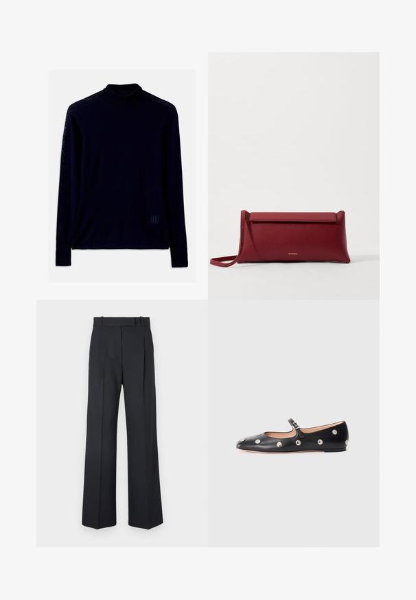 Sötétkék, hosszú ujjú garbó, puha anyagból; illeszkedő nyakkal rendelkezik, és a bal alsó részen egy kis világoskék logó található.; Sötétkék csíkos nadrág magas derékkal, széles szárú kialakítással, látható fémrészletek vagy díszítések nélkül. Sima textúra és szabott fazon.; Fekete bőr Mary Jane lapossarkú cipő, lekerekített orral, ezüst színű kör alakú szegecsekkel és állítható pánttal, csattal.; Piros bőr klutcs táska textúrázott felülettel, lapos hajtogatott tetejével és rövid pánttal. Diszkrét márkájú logó elöl.