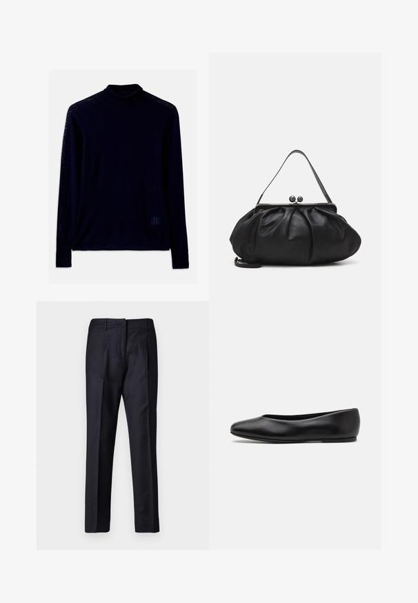 Marineblaues Langarm-Turtleneck-Shirt aus weichem Stoff; hat einen engen Kragen und ein kleines Logo in Hellblau auf der unteren linken Vorderseite.; Marineblaue, maßgeschneiderte Hosen mit glatter Textur, flachem Frontdesign, doppelten Falten und Gürtelschlaufen. Gerader Schnitt, mit umgeschlagenem Saum.; Paul Smith TOPANGA - Klassischer Ballerina - black; Schwarze Lederhandtasche mit einer runden, gefalteten Form. Verfügt über einen metallischen Verschluss mit zwei dekorativen Kugeln und einem schmalen, abnehmbaren Tragegurt.