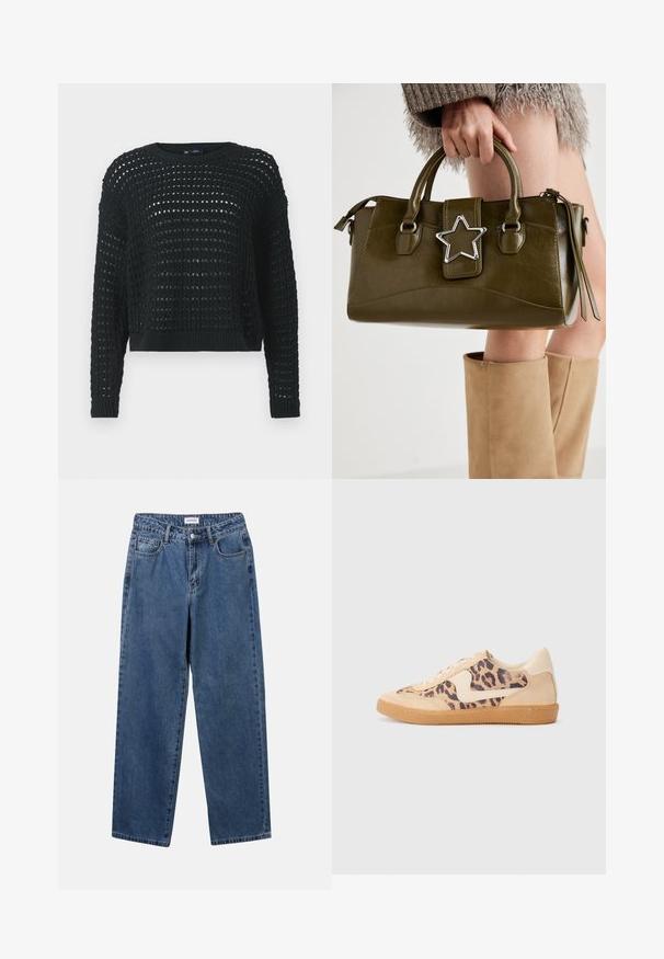 Zwart gebreid sweater met opengewerkt ontwerp, lange mouwen en een ribbelkraag. Heeft een cropped lengte en textuurdetails verspreid over het hele kledingstuk.; Klassieke blauwe denim jeans met een rechte pijp, vijf zakken en een knoopsluiting. Heeft een middelgrote wasbeurt en stevige textuur.; Luipaardprint sneakers met een beige suède bovenkant, tan rubberen zool en witte accenten. Ronde neus en vetersluiting met een gestructureerde afwerking.; Olijf groen neplederen handtas met zilveren steraccent, dubbele handvatten en een ritssluiting. Gelaagd oppervlak en gestructureerde vorm.