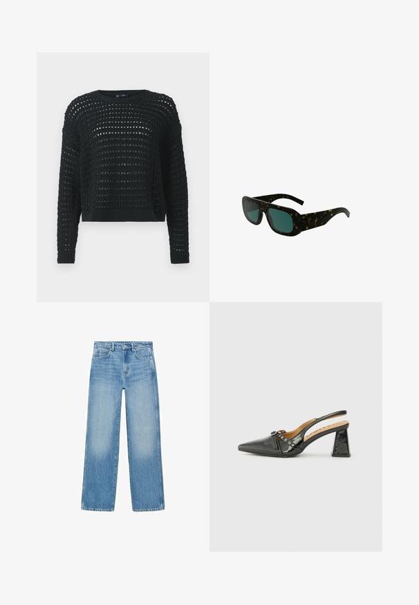 Schwarzer Strickpullover mit offenem Maschenmuster, langen Ärmeln und geripptem Ausschnitt. Mit einer verkürzten Länge und texturierten Details im gesamten Design.; Helle blaue Denim-Jeans mit geradem Schnitt, Fünf-Taschen-Design und dezentem Verblassen. Mit einem Knopf- und Reißverschluss hinten an der Taille.; Schwarzer Lacklederslingback-Schuh mit spitzem Zeh, dreieckigem Absatz und dekorativem Riemen mit silbernen Akzenten. Glatte Textur.; Schildpatt-Sonnenbrille mit dunkelgrünen Gläsern, breiten rechteckigen Rahmen und gebogenen Bügeln, mit einer glatten Kunststoff-Oberfläche.; Gewebte Handtasche in Olivgrün mit einer geräumigen, runden Form und einem einzelnen, verlängerten Tragegriff. Strukturiere Oberfläche.